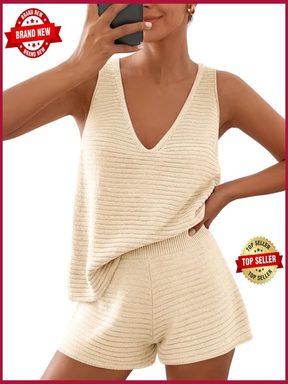 2 Piece Vacation Short Set Matching V Neck Lounge Pajamas Set Knit